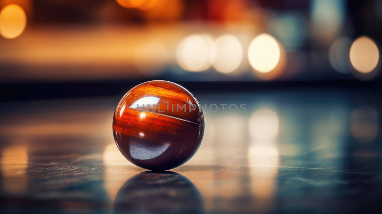 A wooden ball sitting on a table with blurry lights
