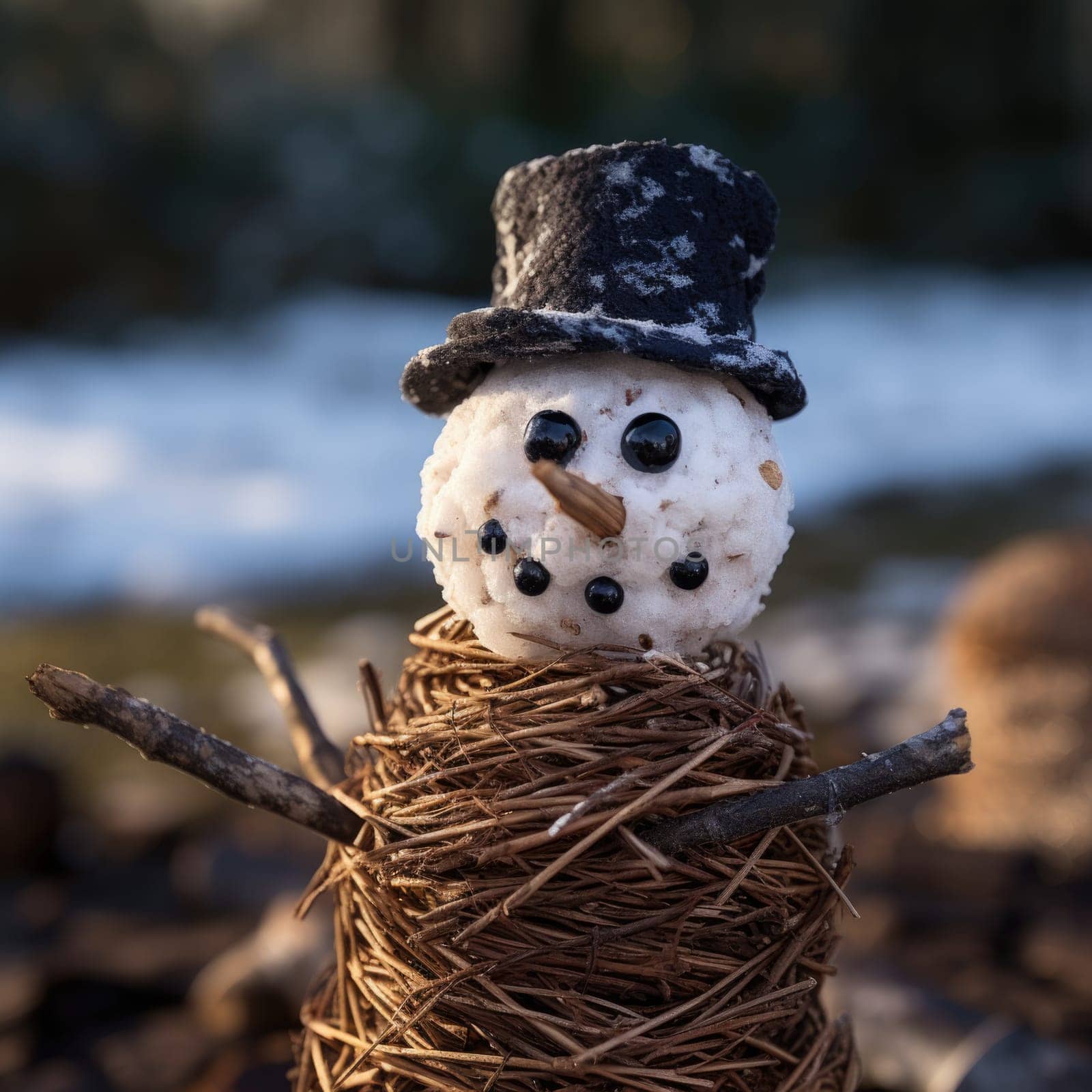 A snowman made out of rice and twigs, AI by starush
