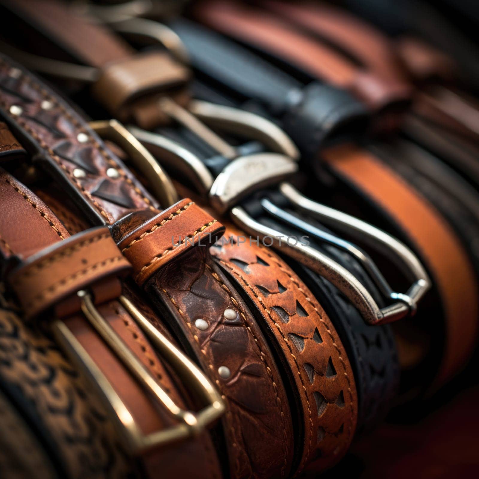 A row of leather belts with different colors