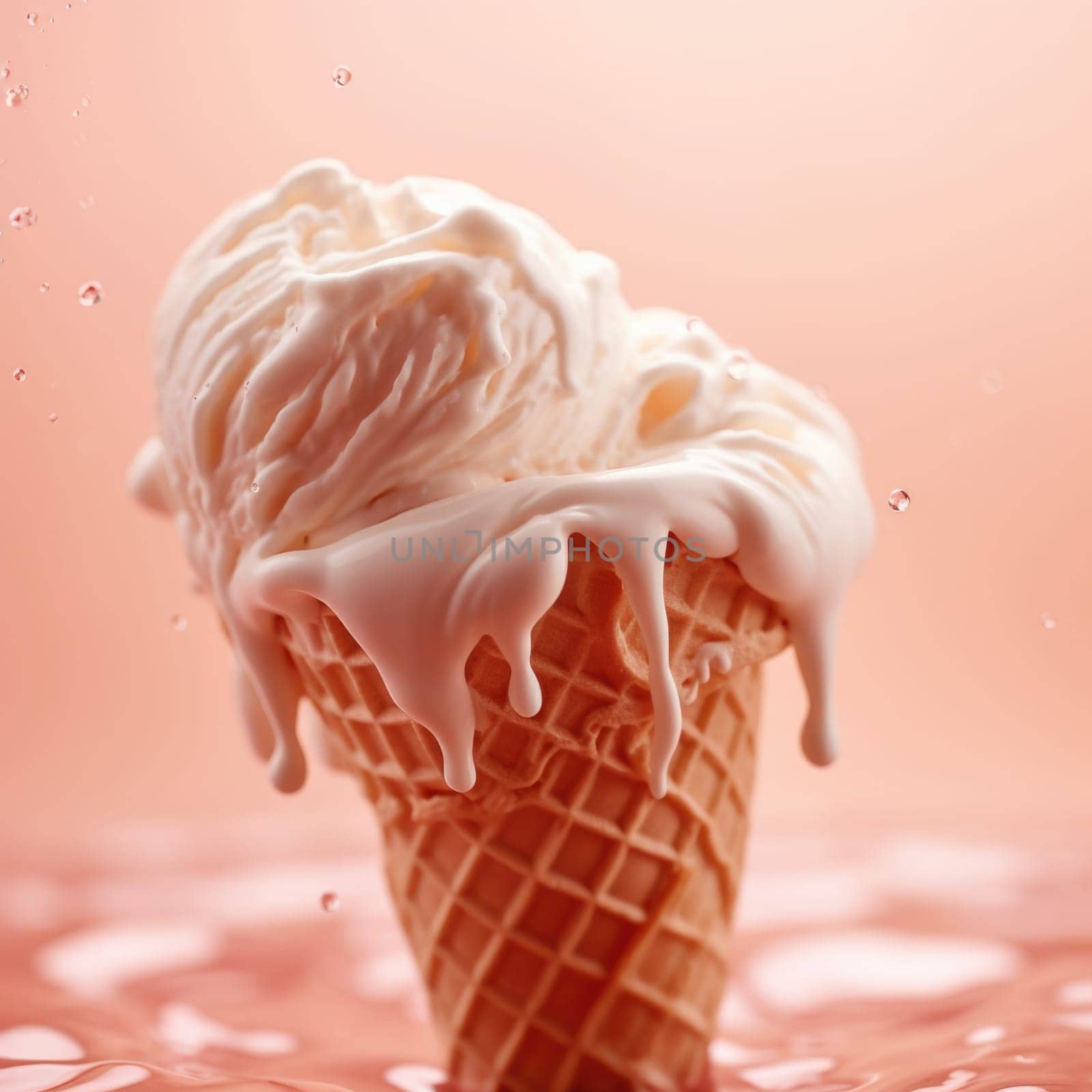 Ice cream in a waffle cone with water splashing