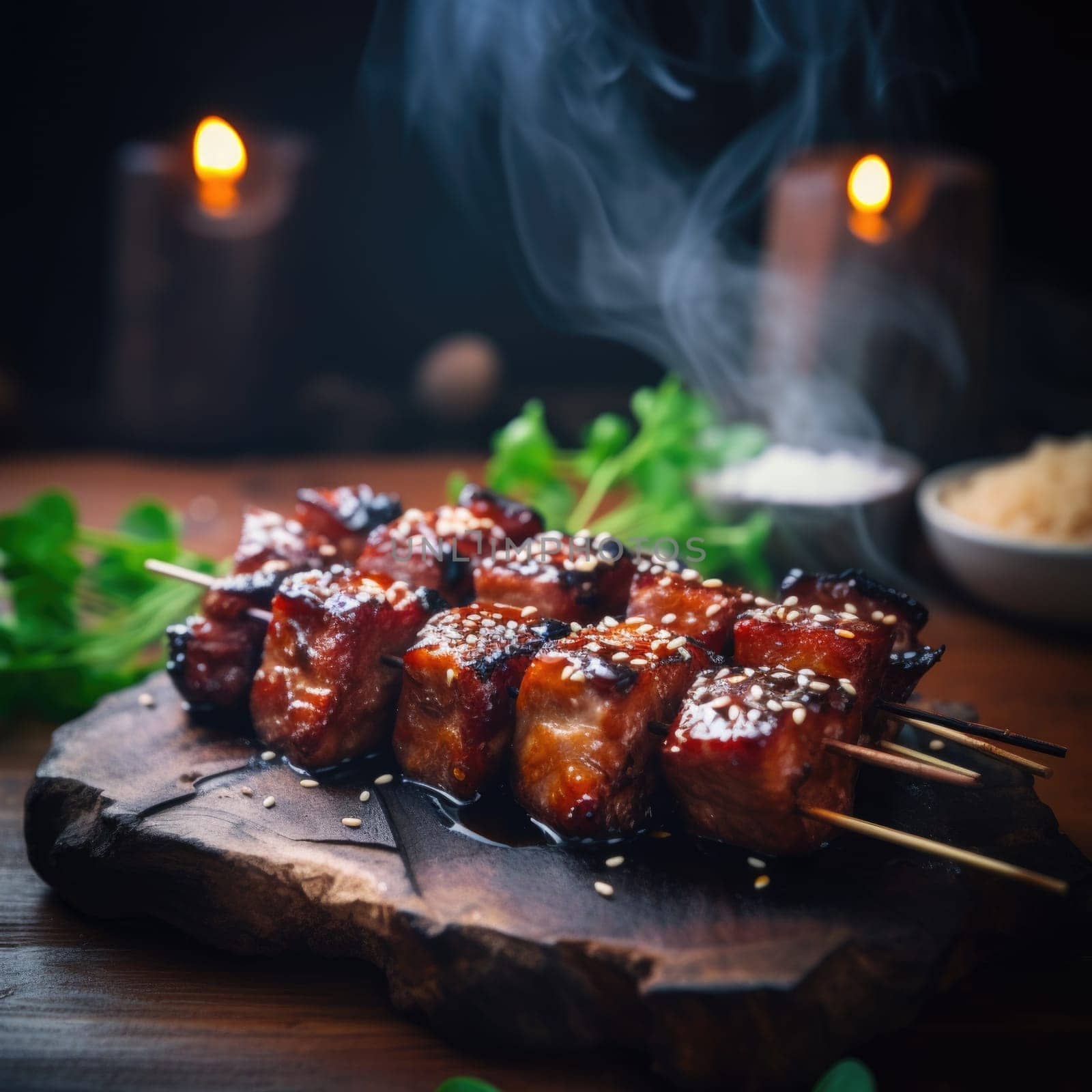 Grilled meat skewers on wooden board with smoke