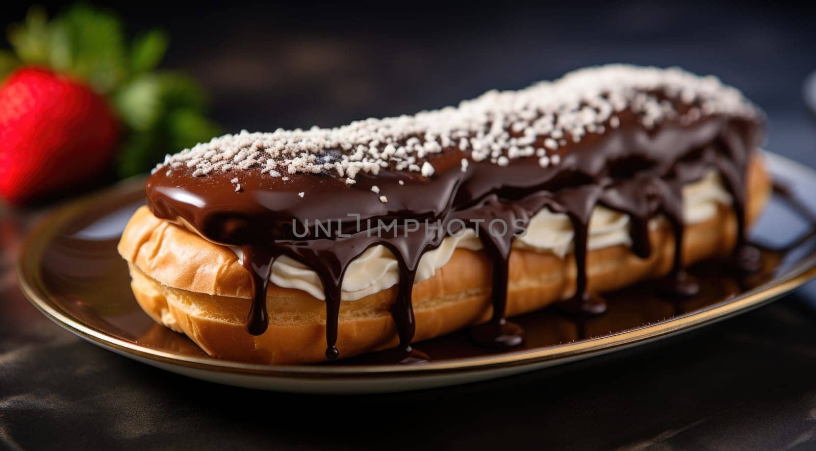 A chocolate covered eclair on a plate with strawberries