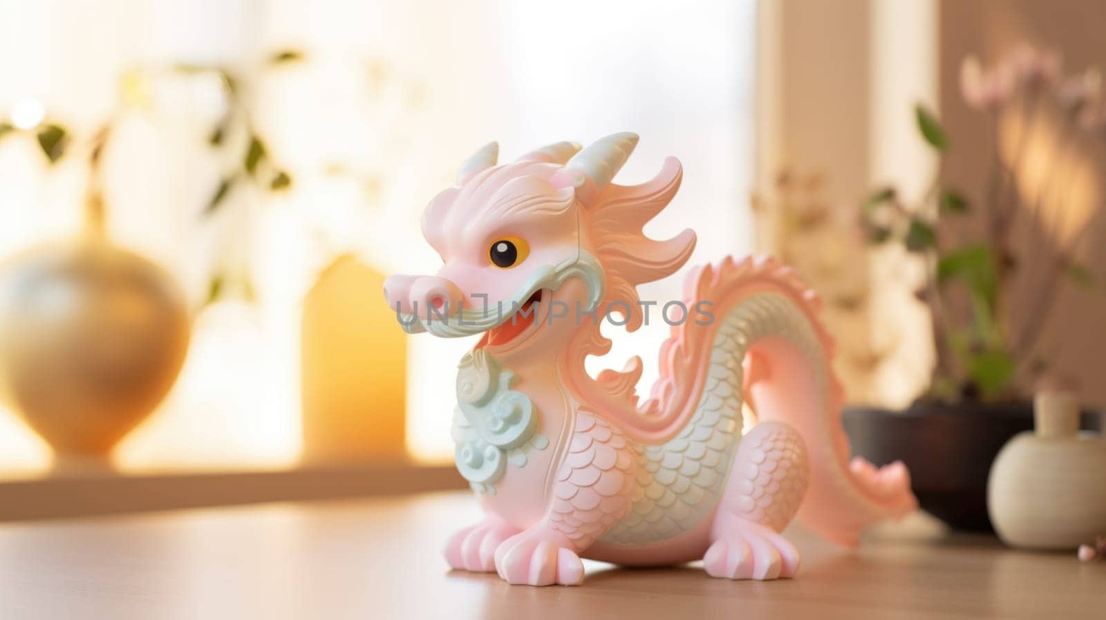 A pink dragon figurine on a table