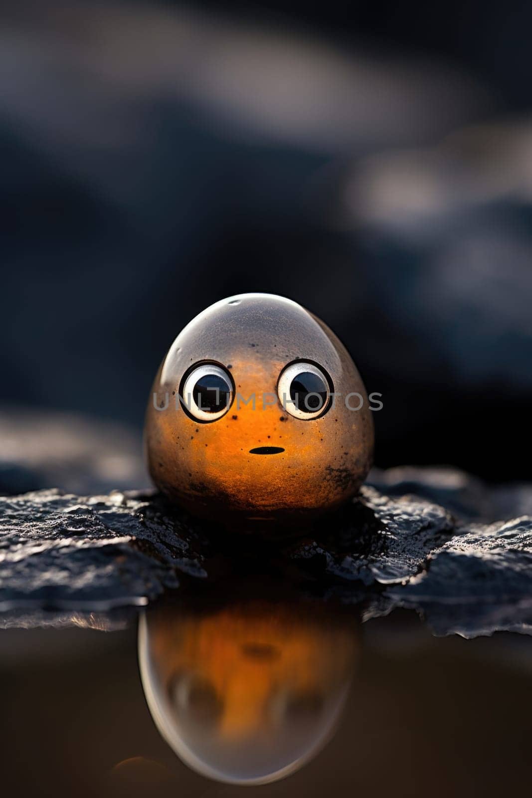 A small orange ball with eyes sitting on a rock. Pareidolia.