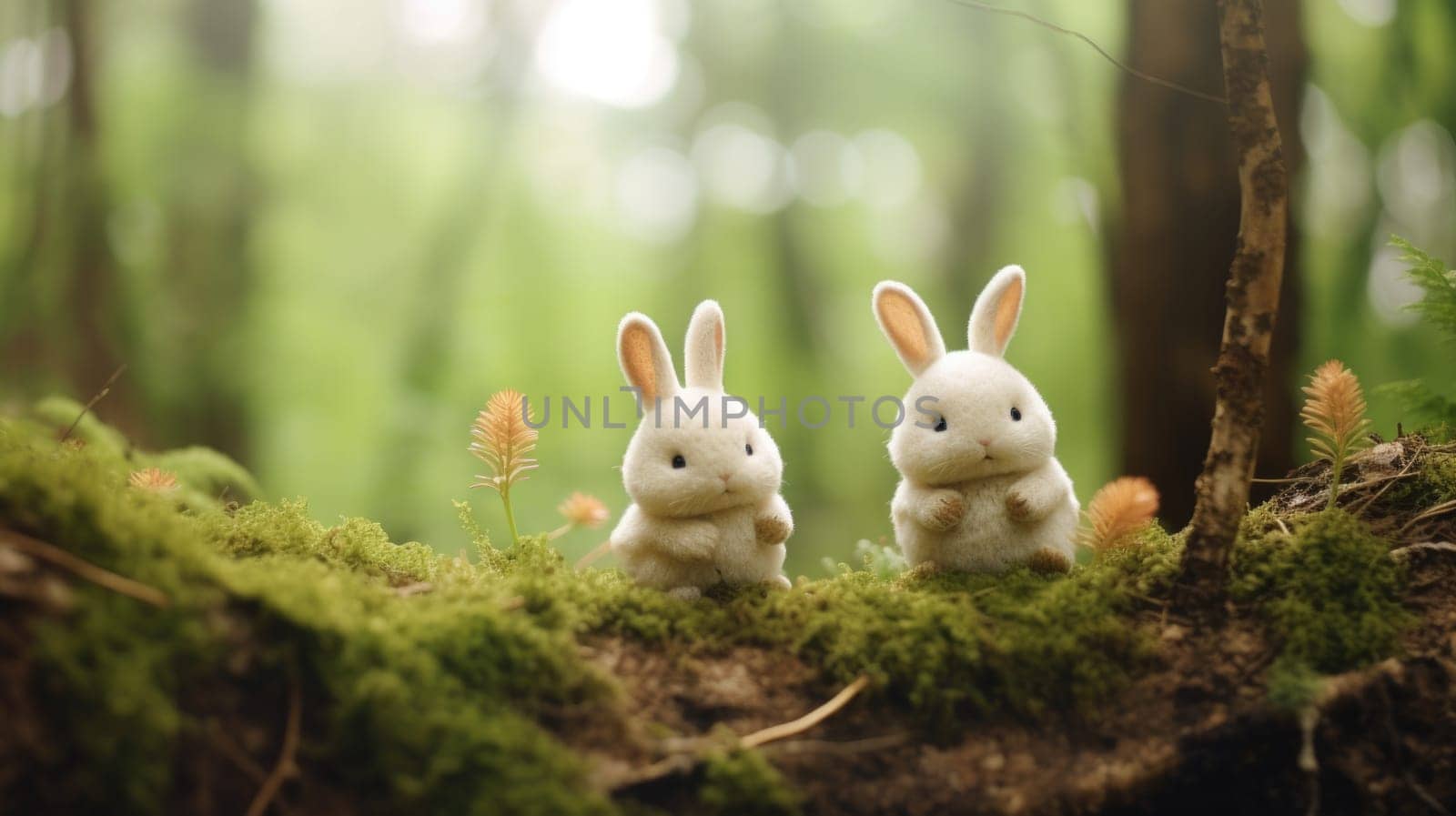 Two cute white rabbits sitting on moss in the forest