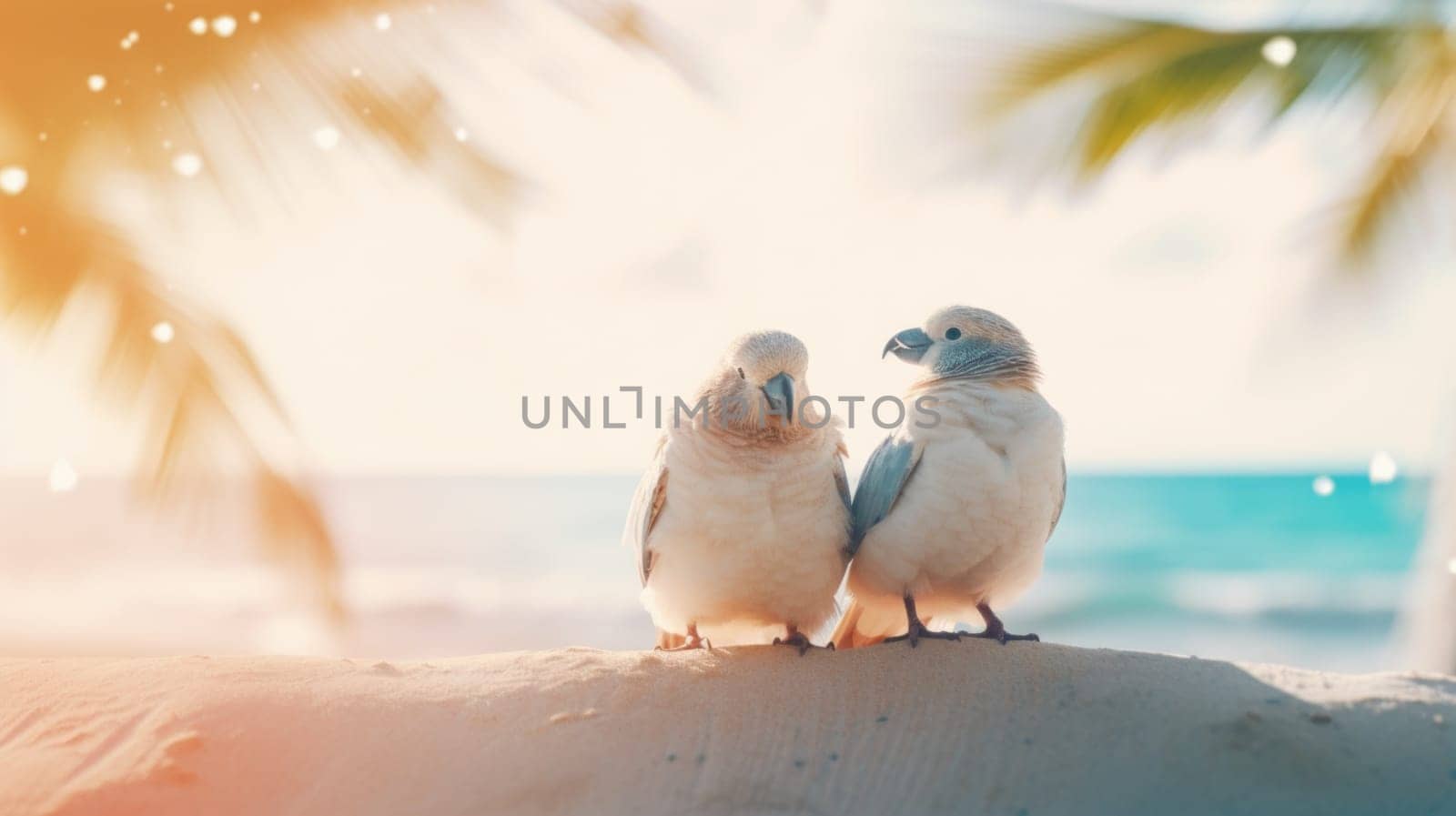 Two white parrots sitting on the sand near the ocean