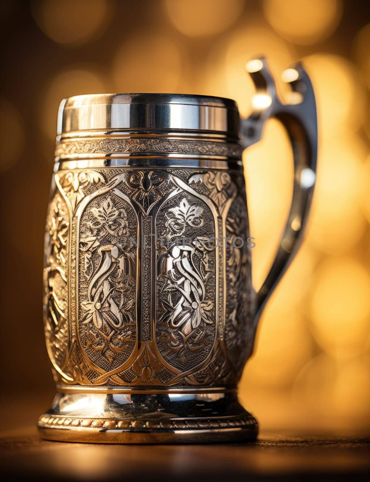 A silver beer stein on a wooden table, AI by starush