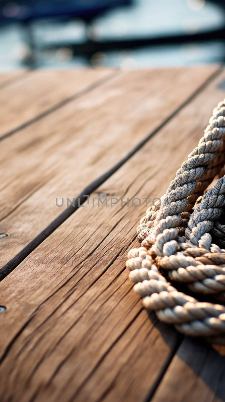 Rope on wooden deck with boats in background
