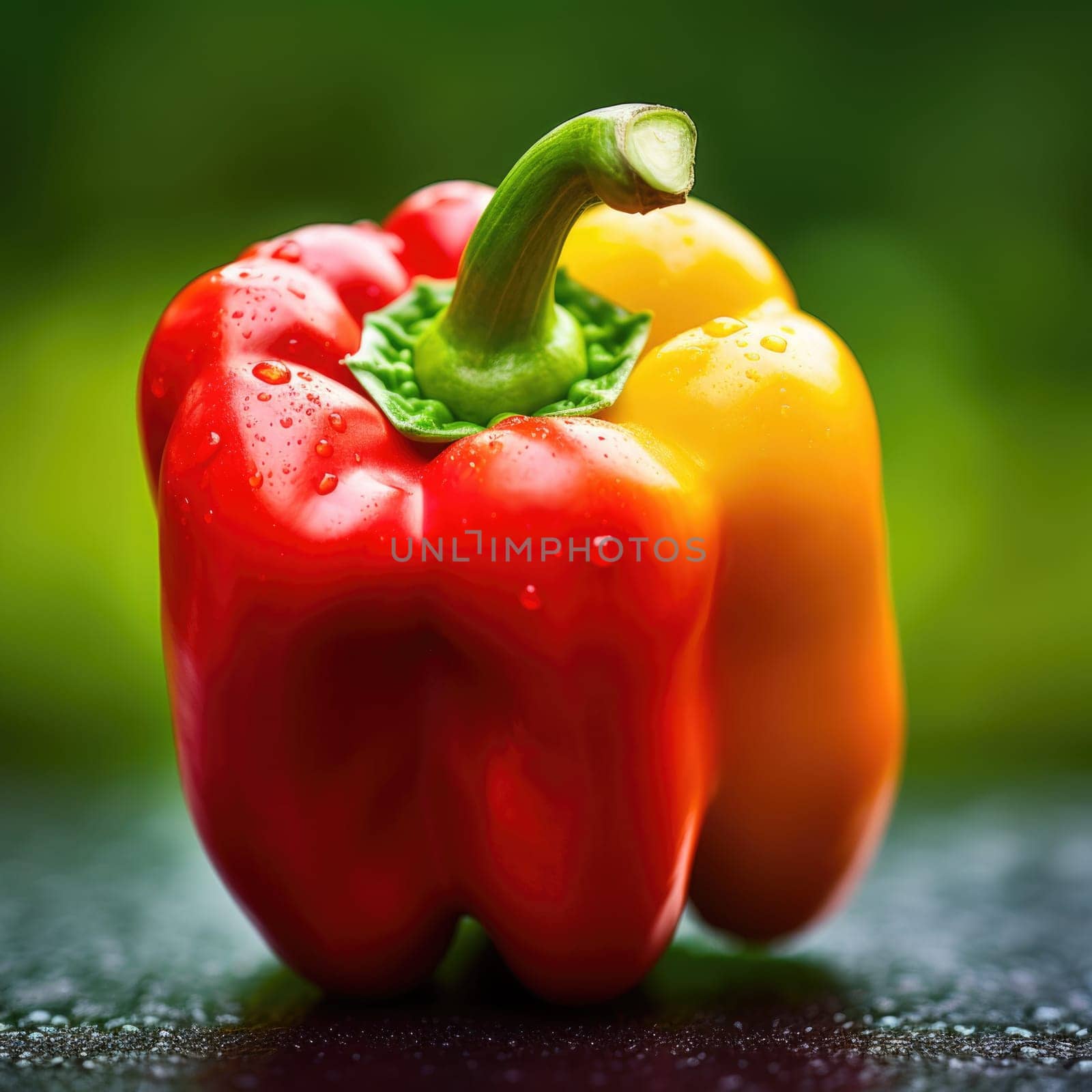 A red and yellow pepper sitting on a table, AI by starush