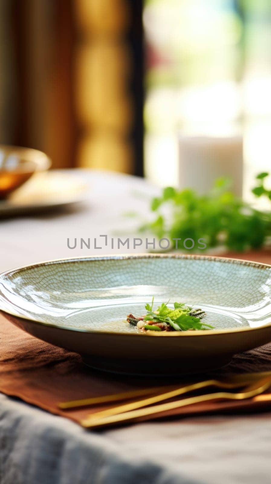 A plate with a green leaf on it sits on a table, AI by starush