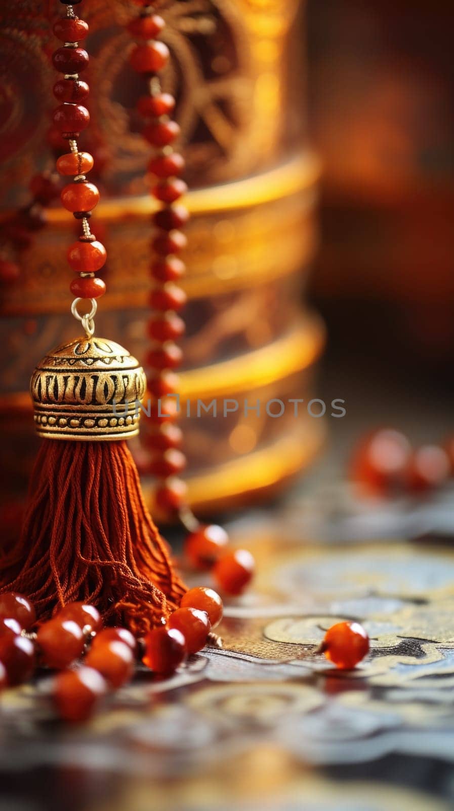 A tassel and beads on a table