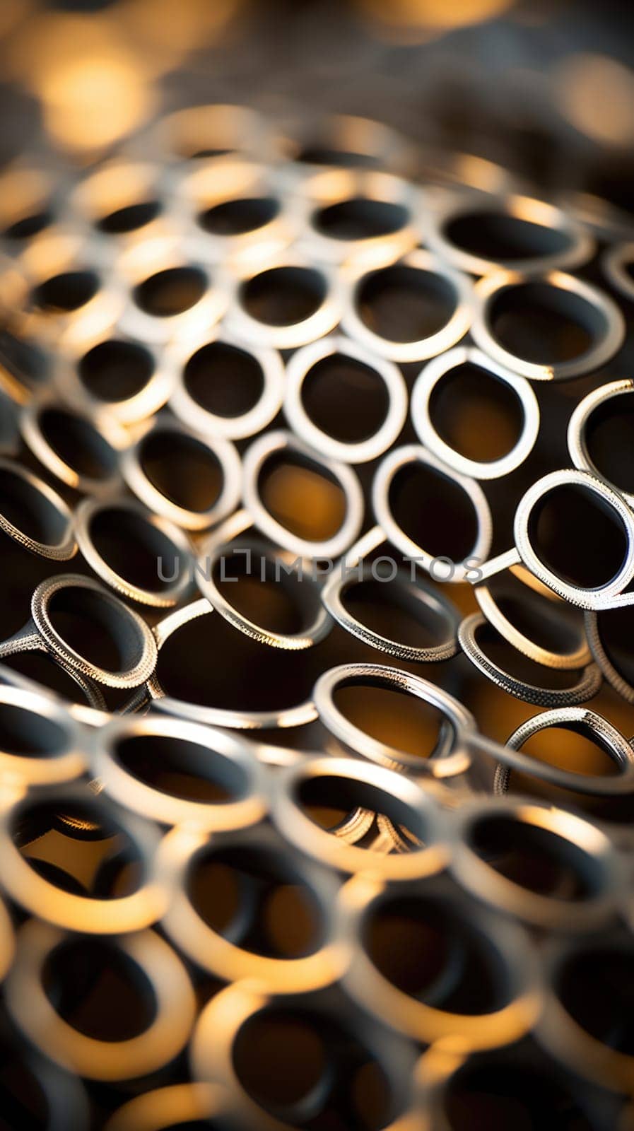 A close up of a metal mesh with circles