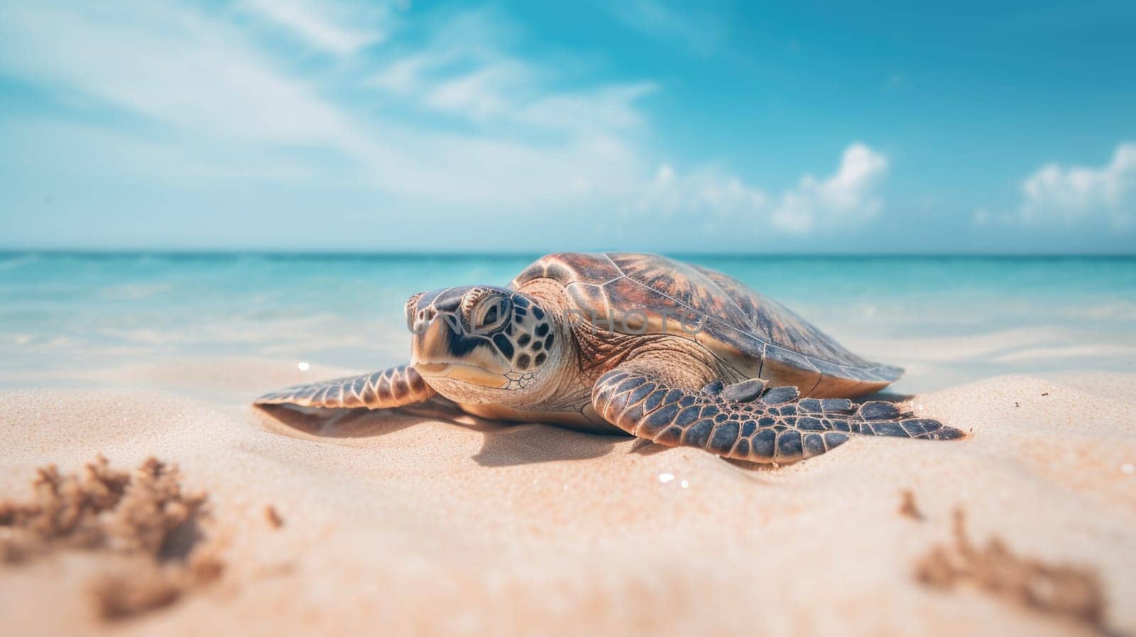 A sea turtle on a sandy beach with blue water