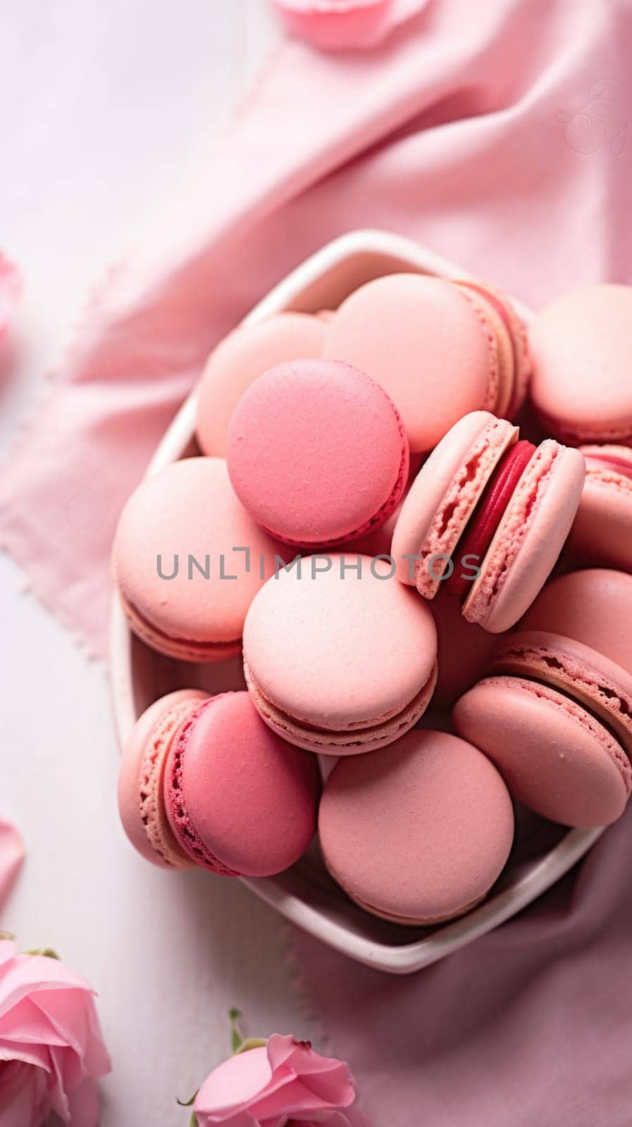 A bowl of pink macarons on a pink background