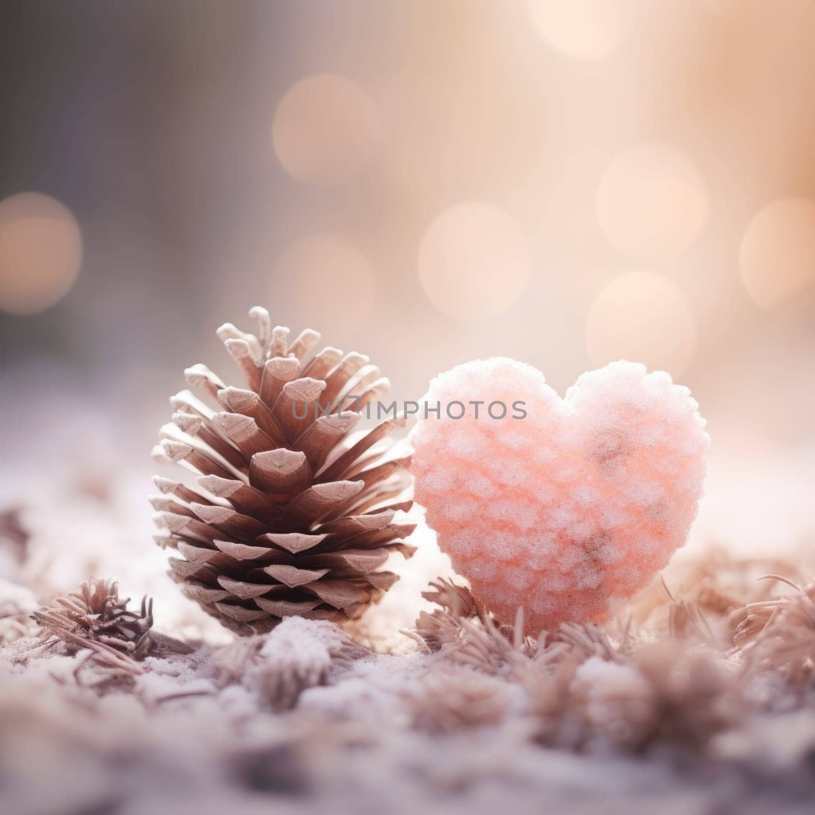 Heart shaped pine cones and heart shaped pine cones on a snowy background