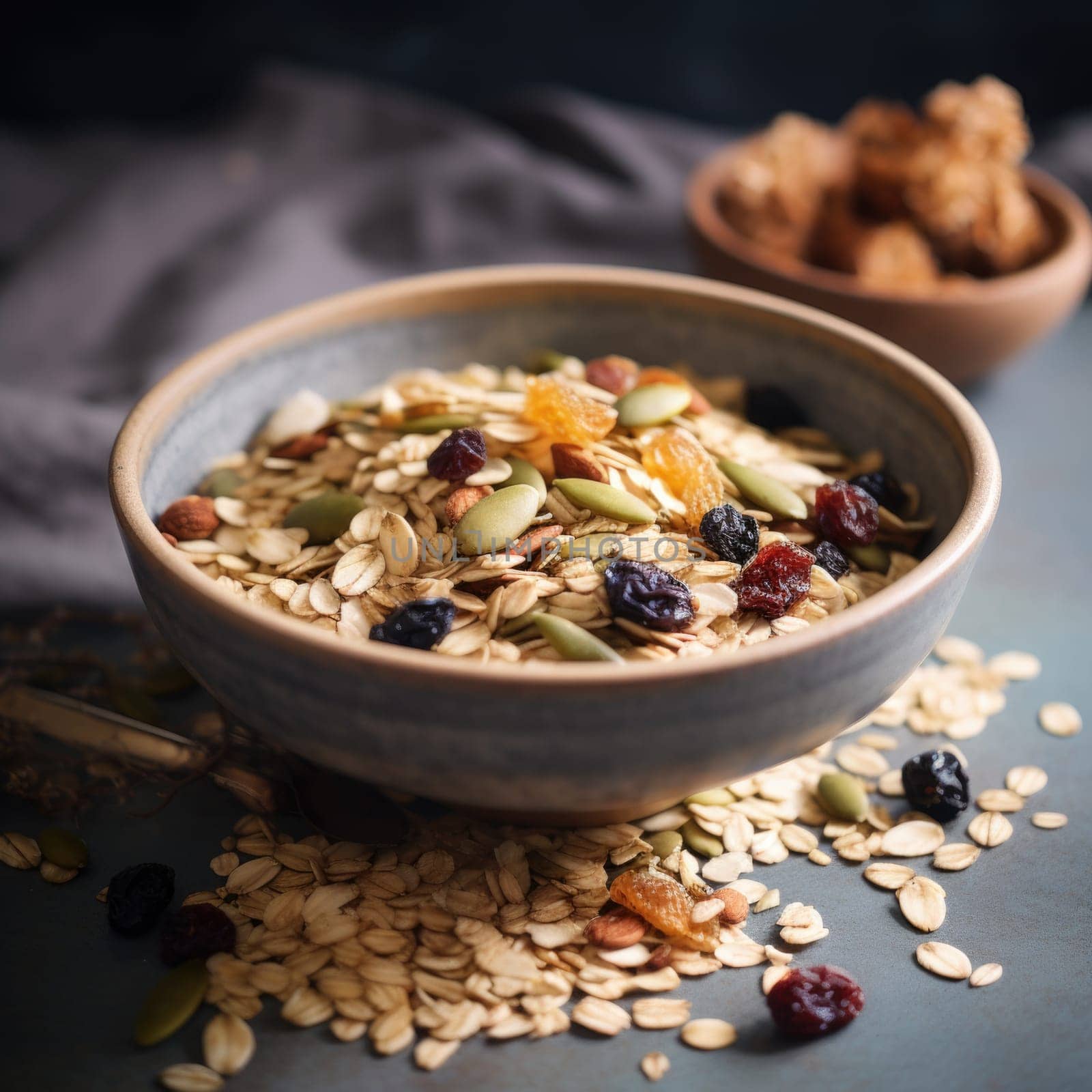 Muesli with dried fruits and nuts in a bowl, AI by starush