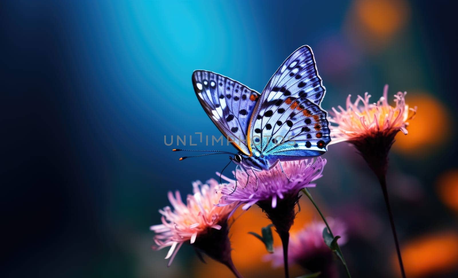 A butterfly is sitting on a flower with a blue background