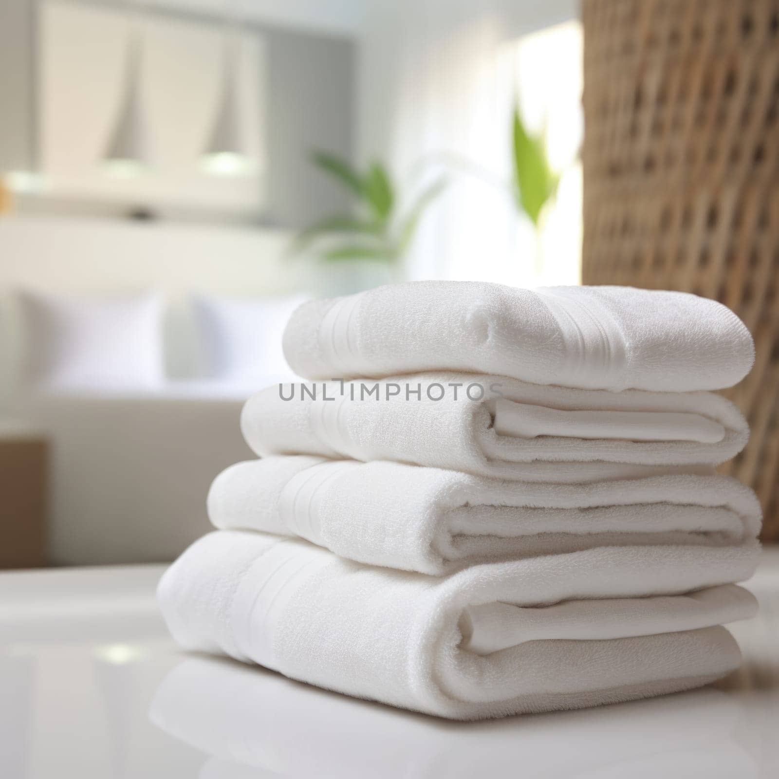 A stack of white towels on a table, AI by starush