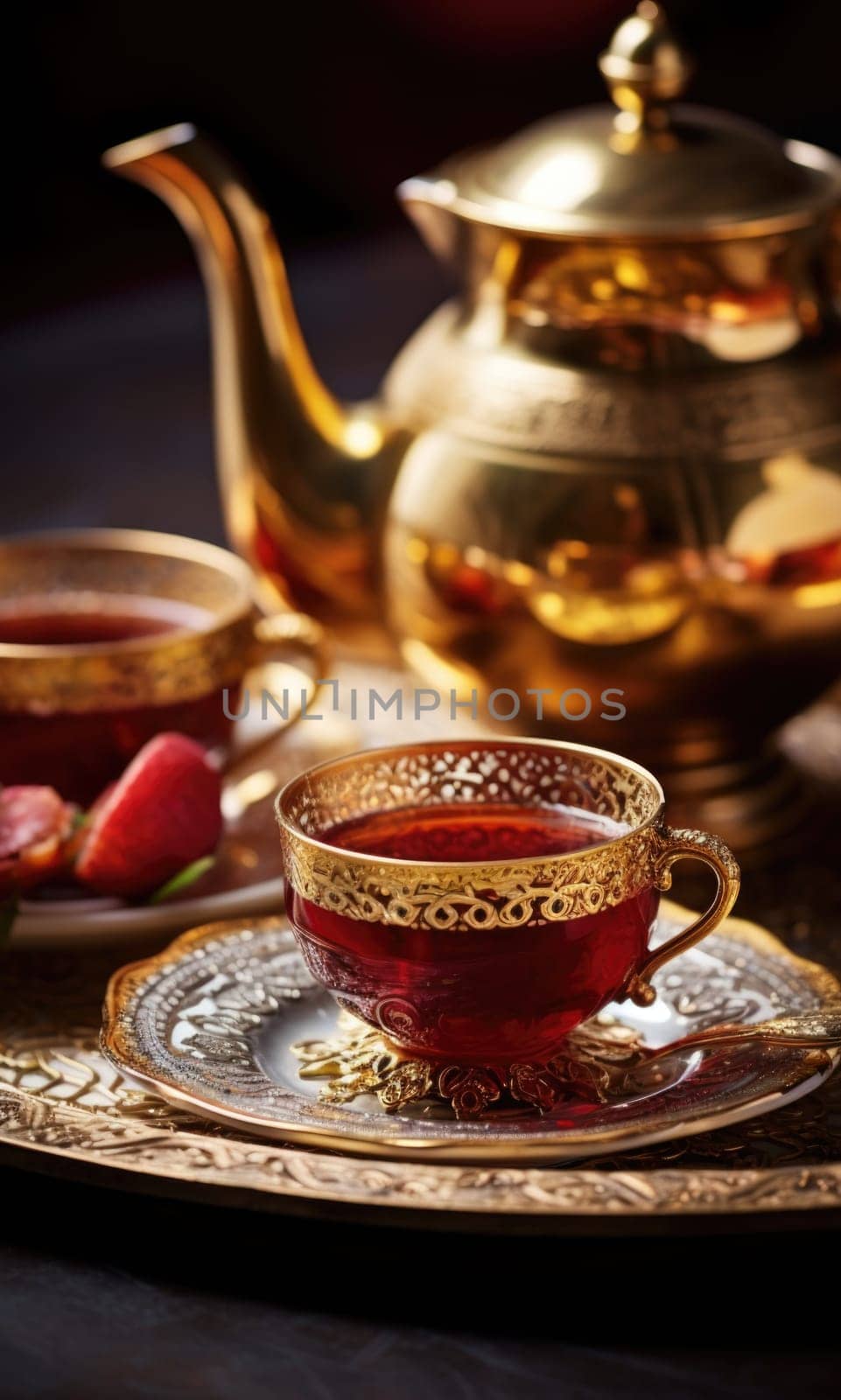 A gold tea pot and cup on a plate, AI by starush