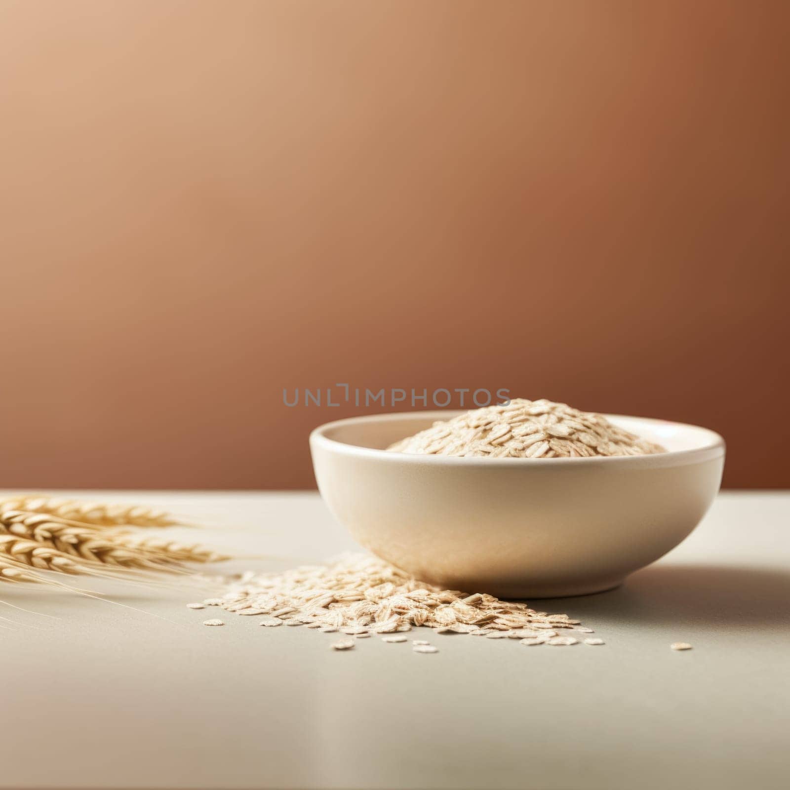 Bowl of oatmeal on a table with wheat ears, AI by starush