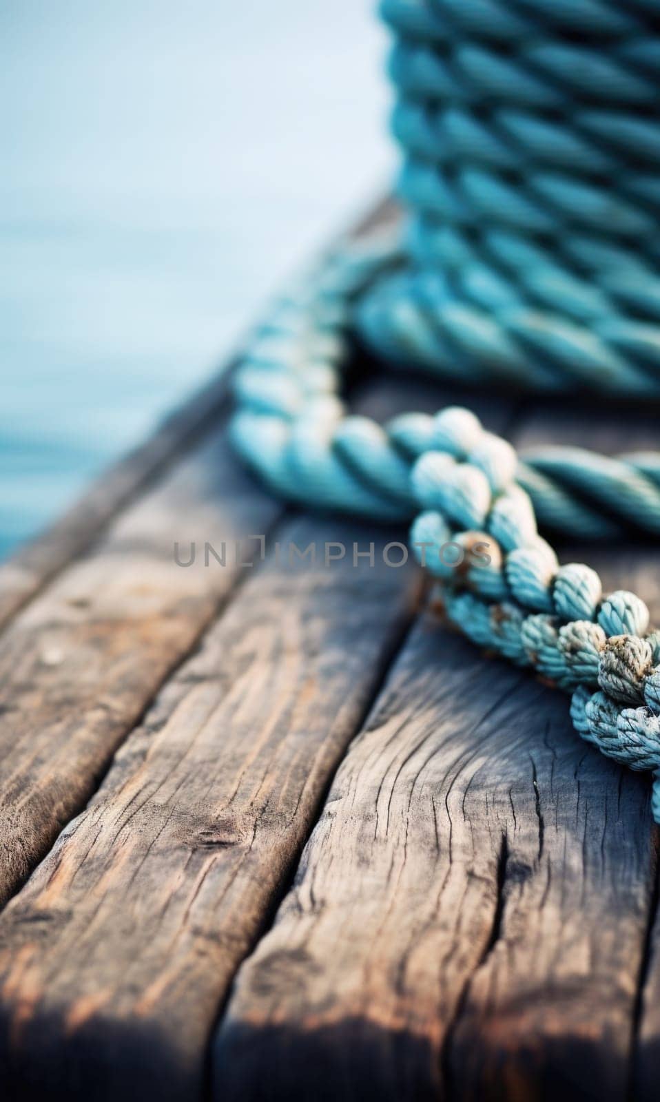 Rope on wooden dock with water in background, AI by starush