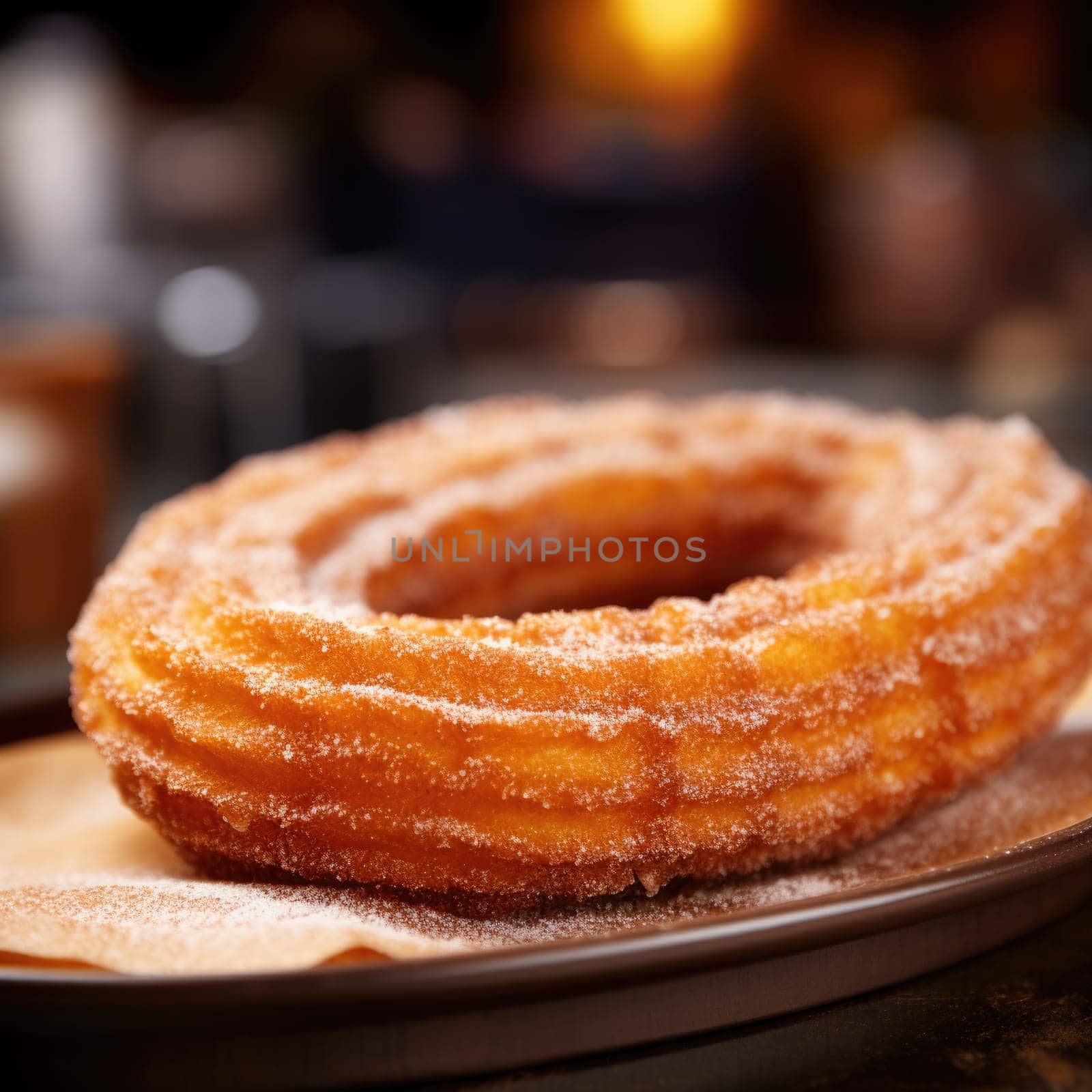 A churro on a plate with a drink in the background