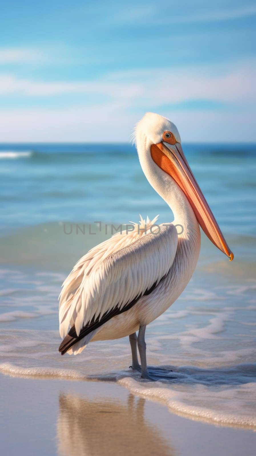 A pelican standing on the beach with its beak open, AI by starush