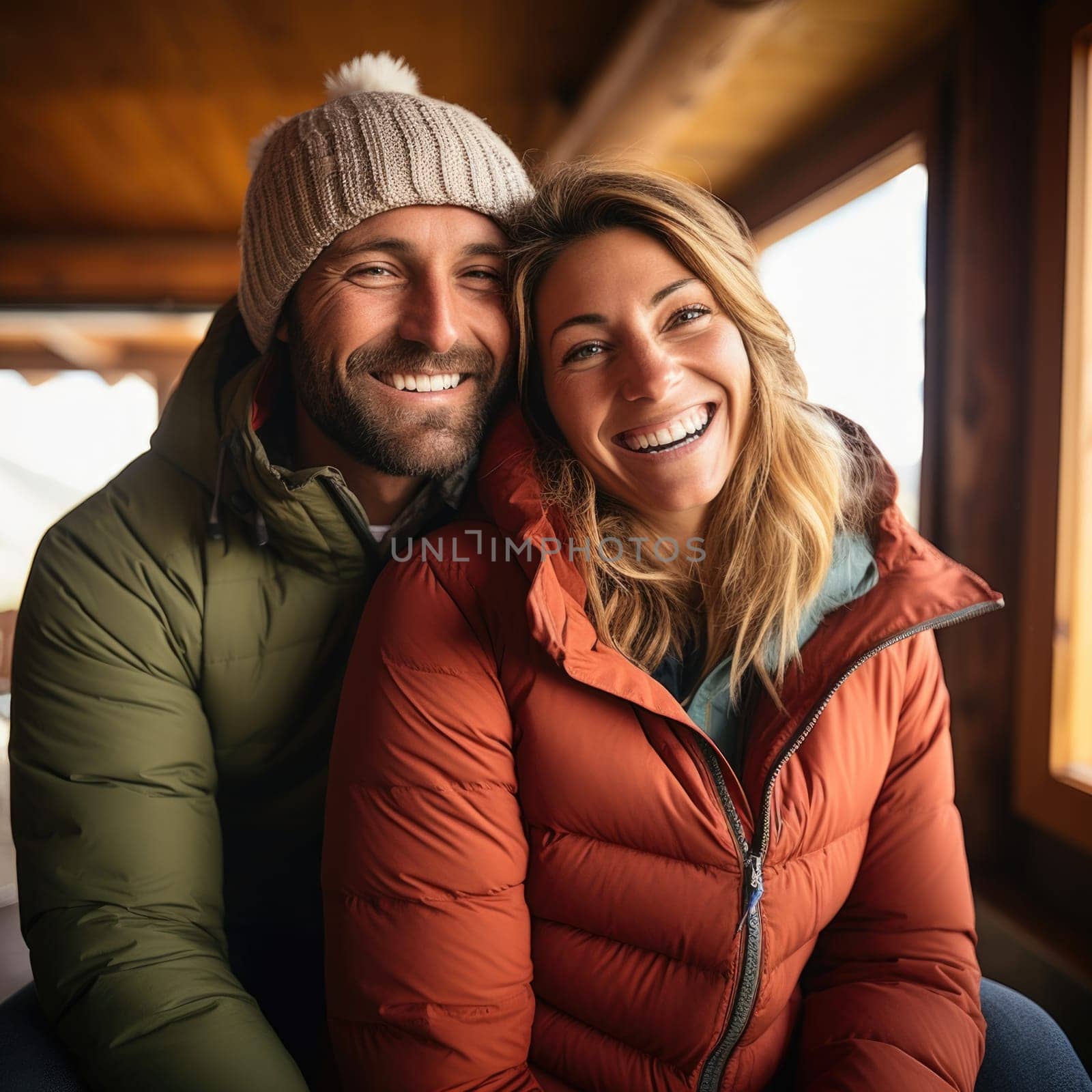 A man and woman in winter clothing are smiling, AI by starush