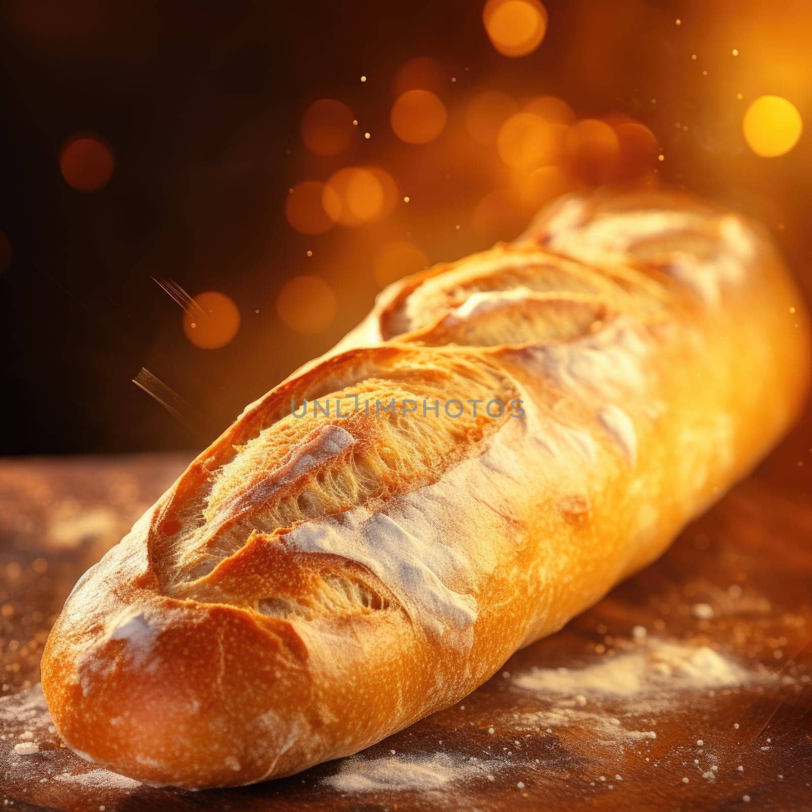 Fresh baguette bread on wooden table with bokeh effect, AI by starush