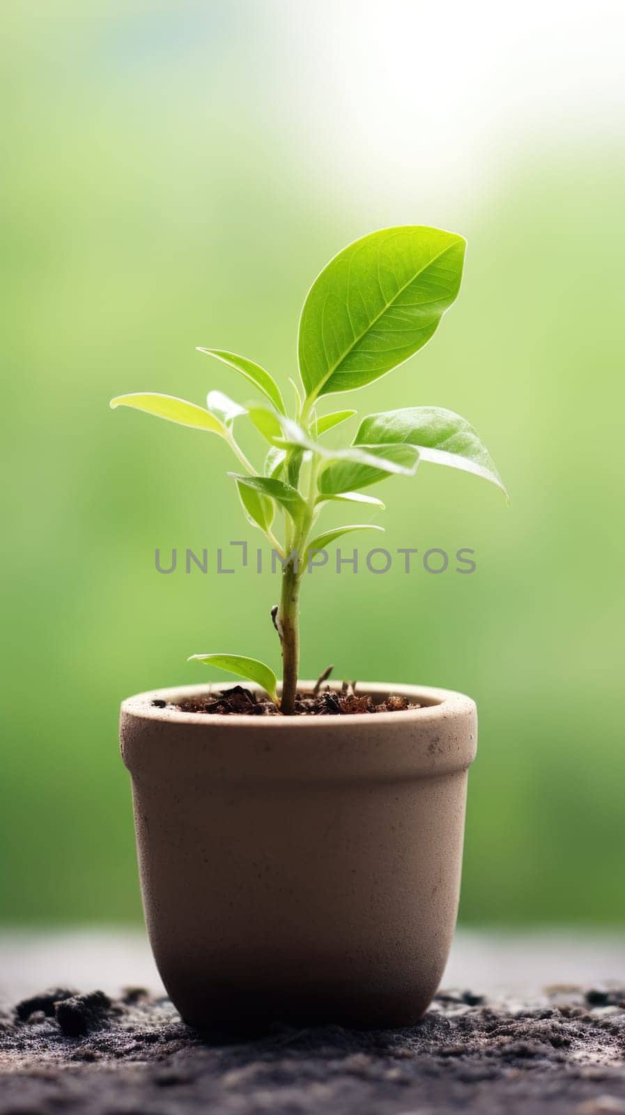 Small plant in a pot on a table with blurred background, AI by starush