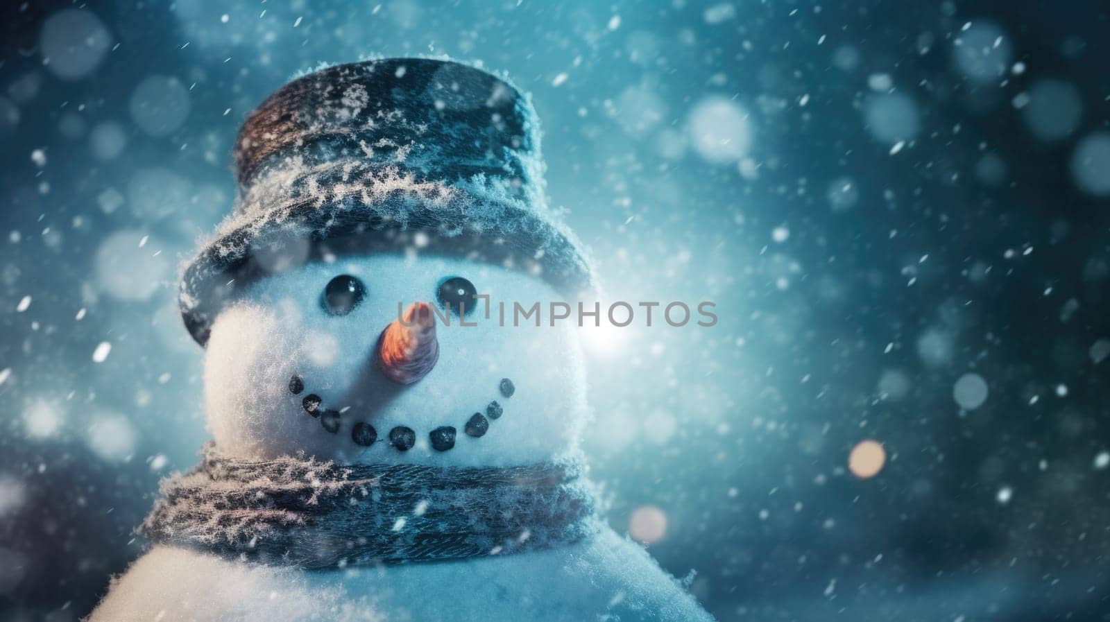 A snowman with a hat and scarf is standing in the snow, AI by starush