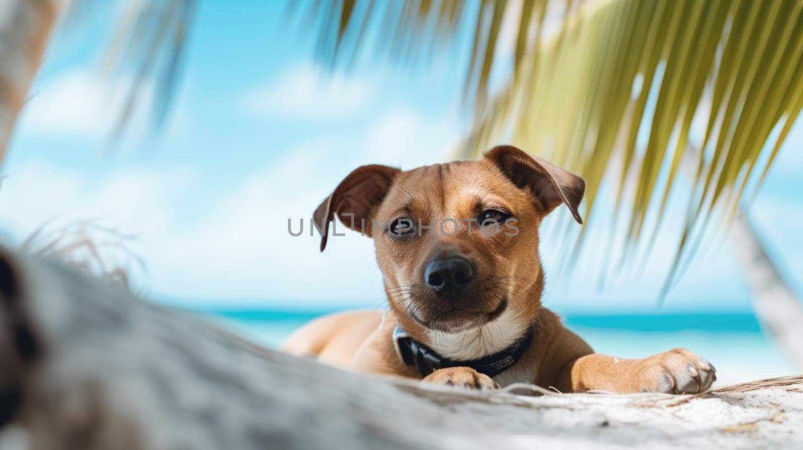 A dog laying on a beach with palm trees in the background