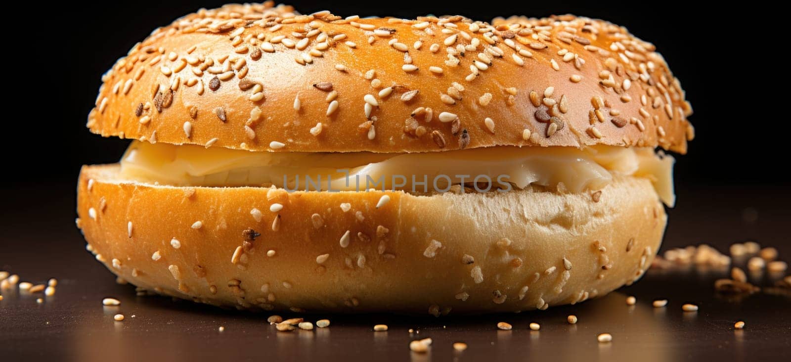 A close up of a bagel with cheese and sesame seeds