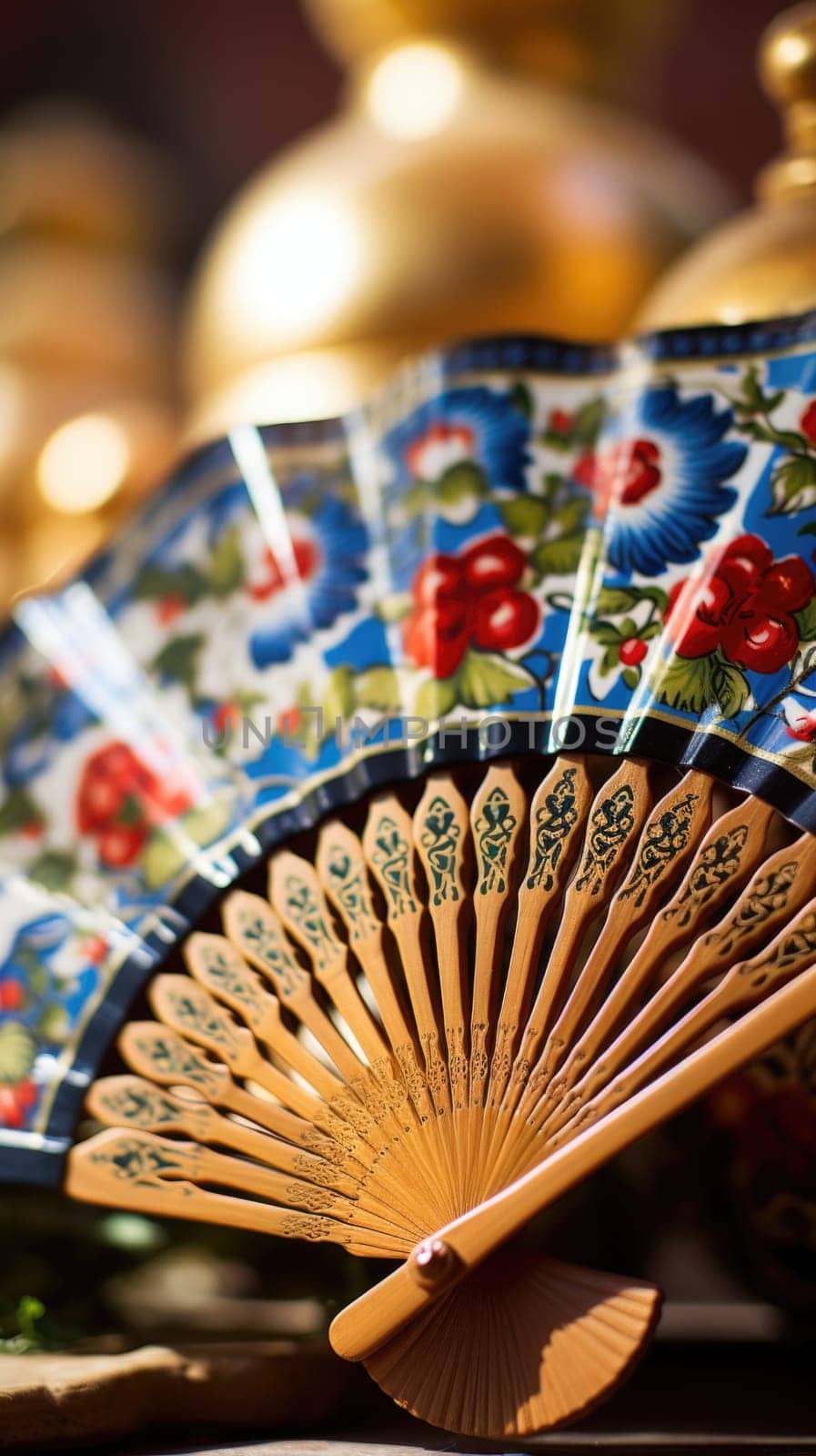A close up of a fan with colorful designs