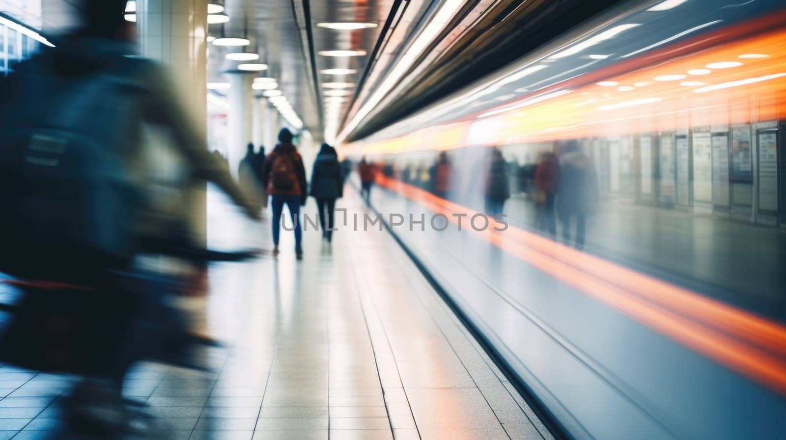 People walking in a subway station with a train moving