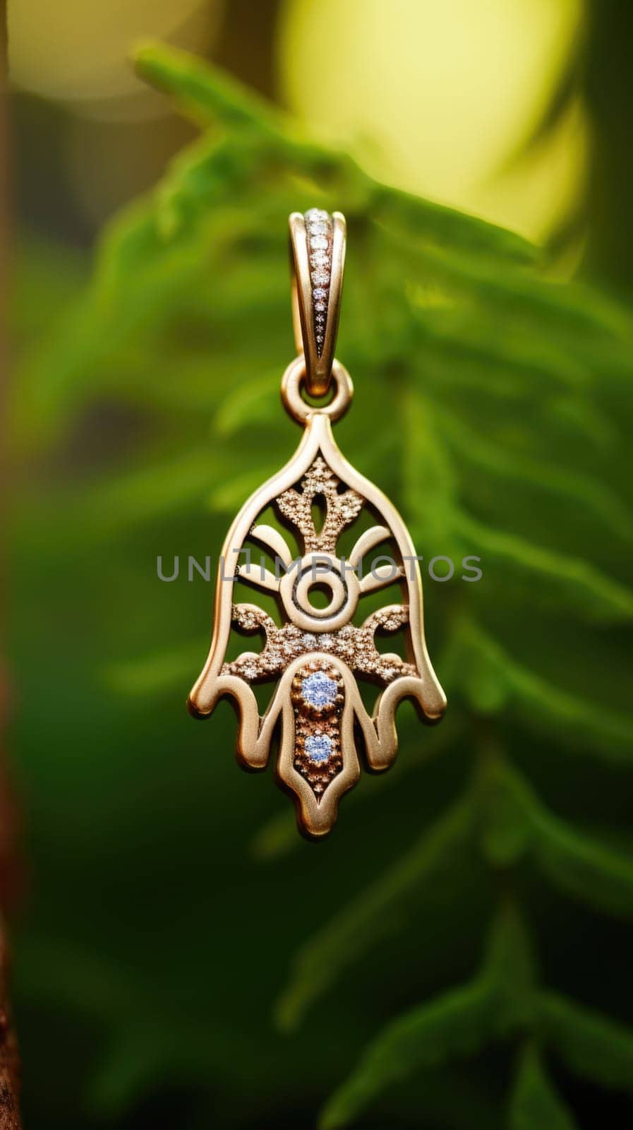 A gold hamsa pendant with a diamond in the center, AI by starush