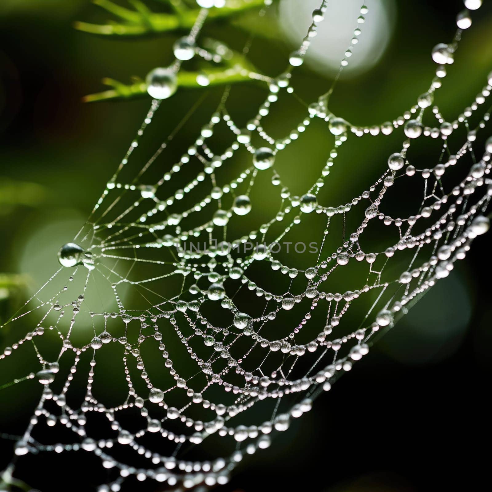 A spider web with water droplets on it, AI by starush