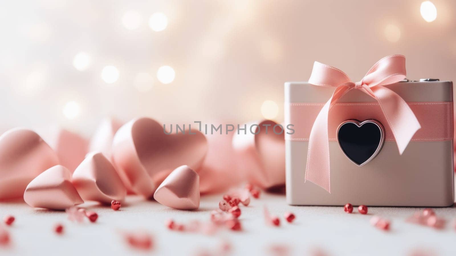 Pink hearts and gift box on white background with bokeh light