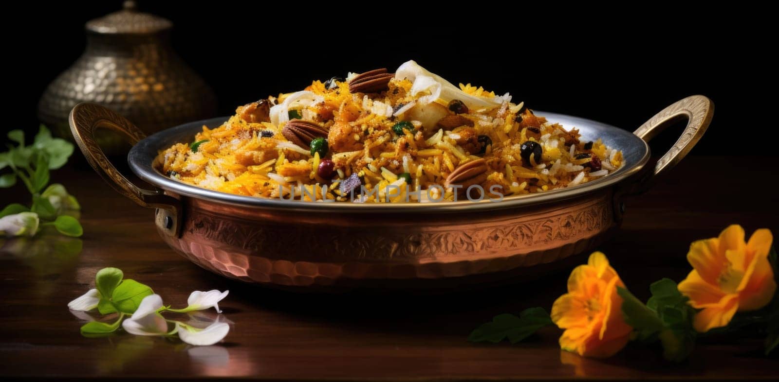 Indian biryani in copper bowl with flowers and spices, AI by starush