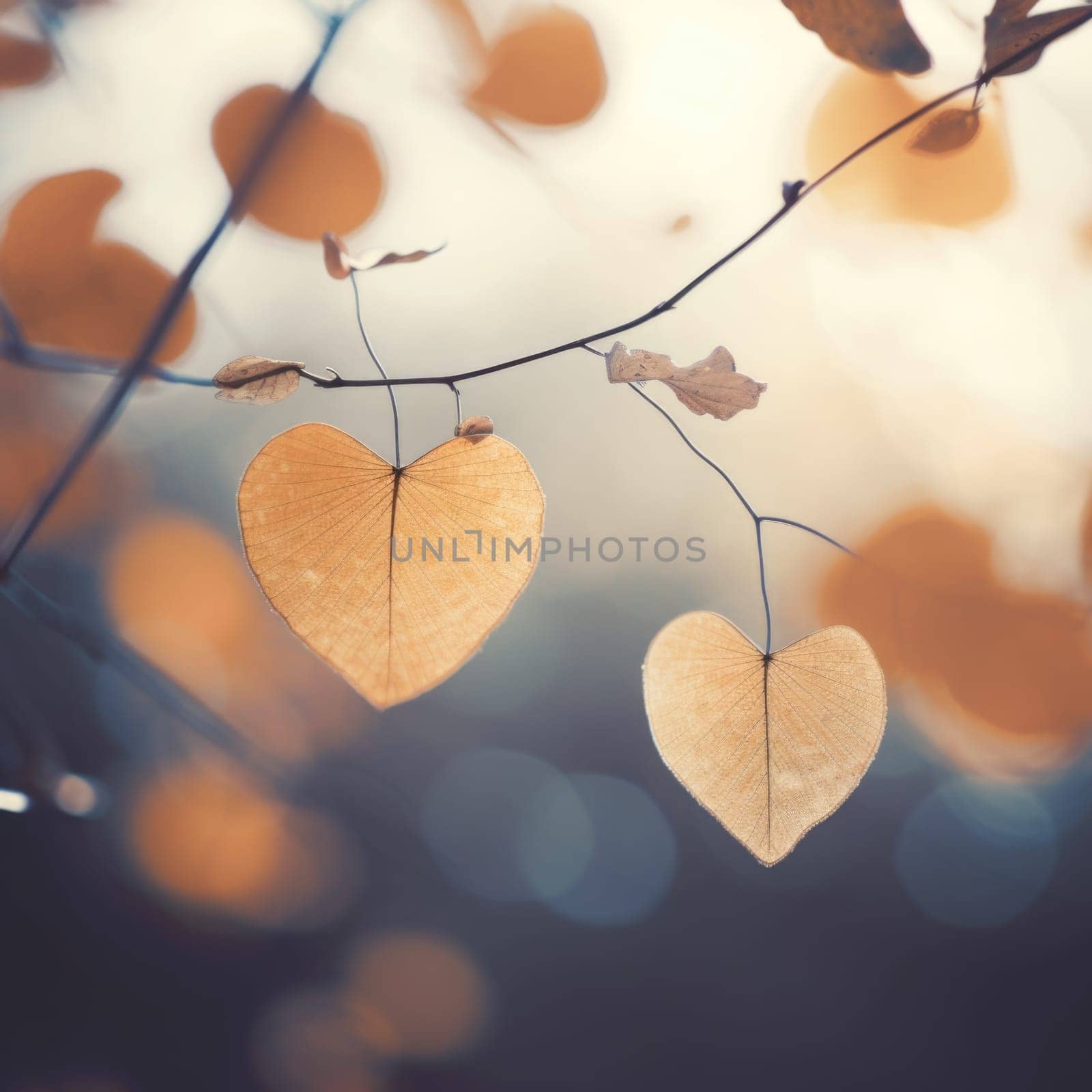 Two heart shaped leaves hanging from a branch