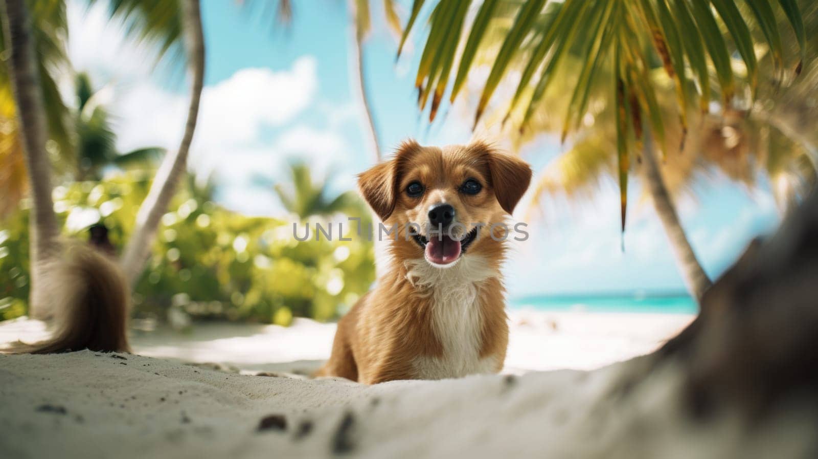 A dog sitting on the beach with palm trees in the background