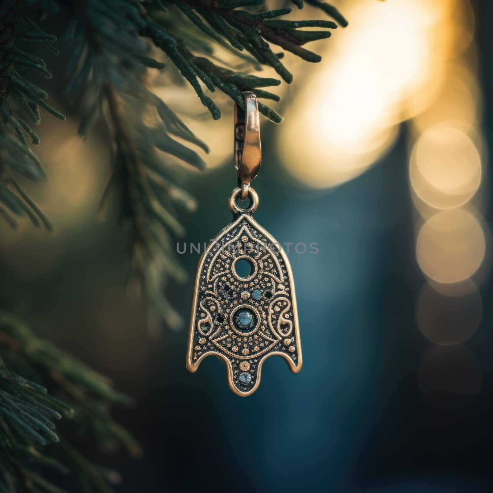 A gold hamsa pendant hanging from a tree branch