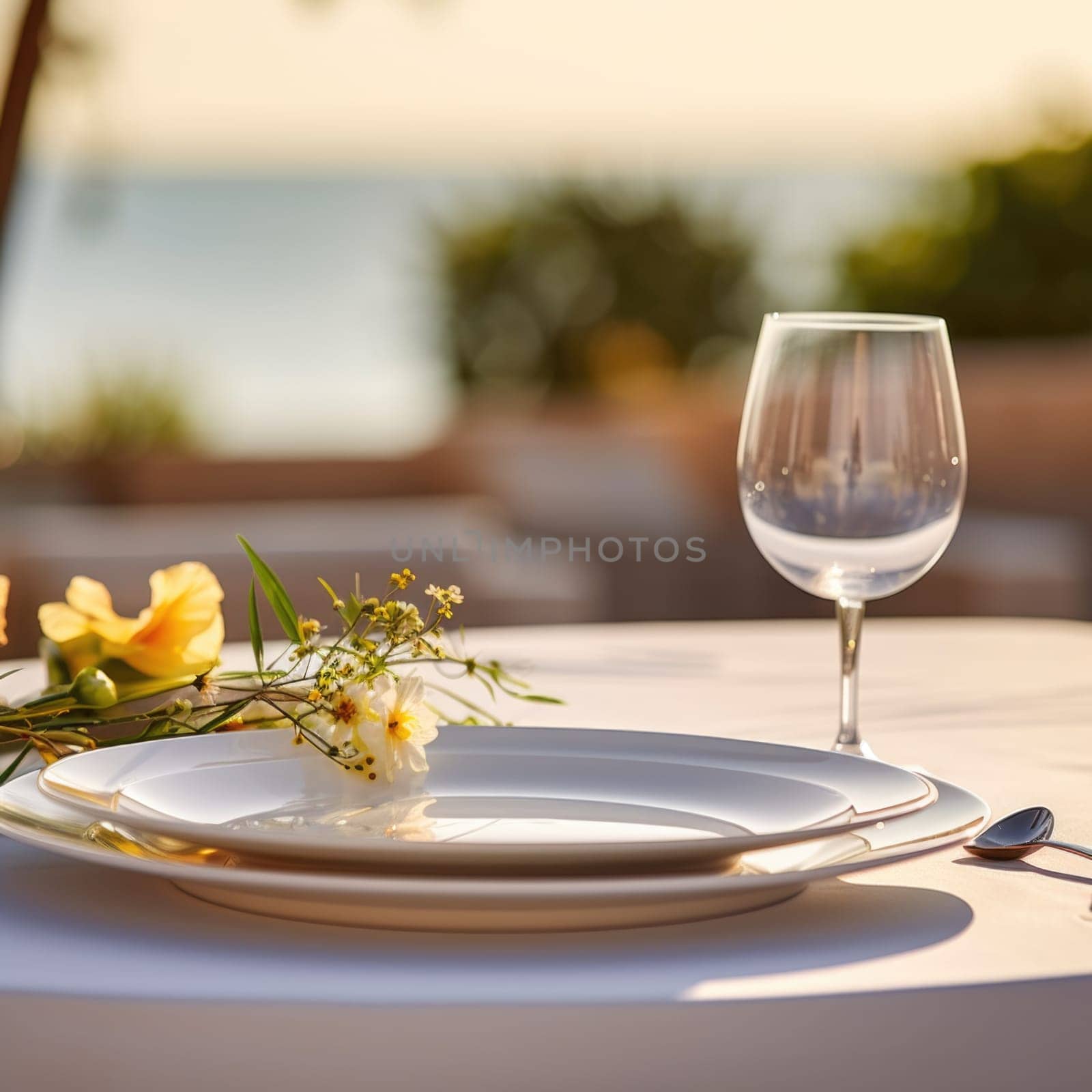 A white plate with flowers and a glass of wine on a table, AI by starush