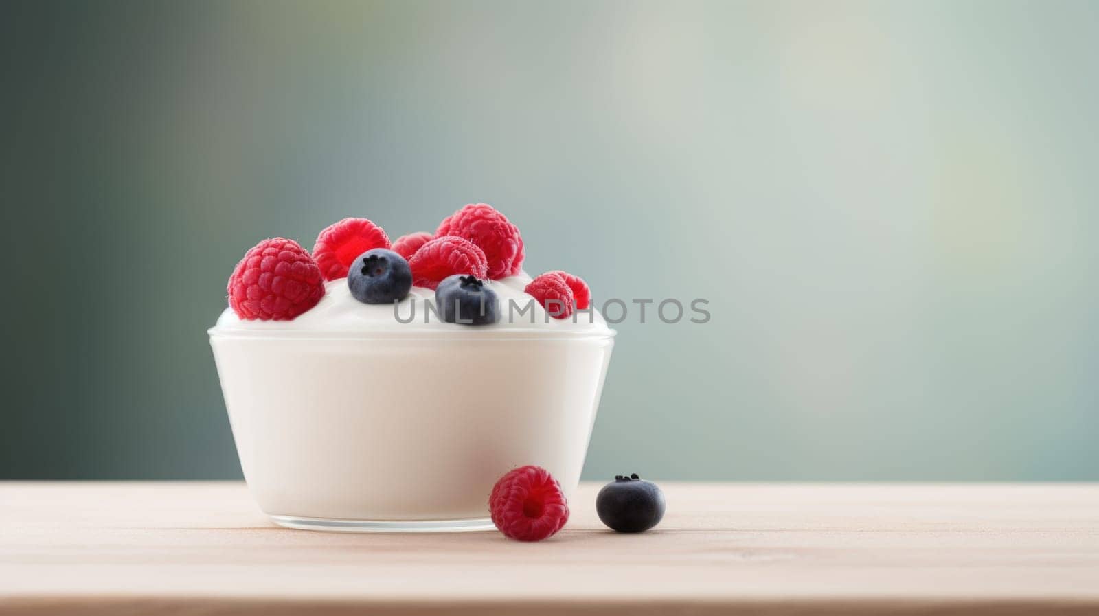 Yogurt with berries in a glass on a wooden table