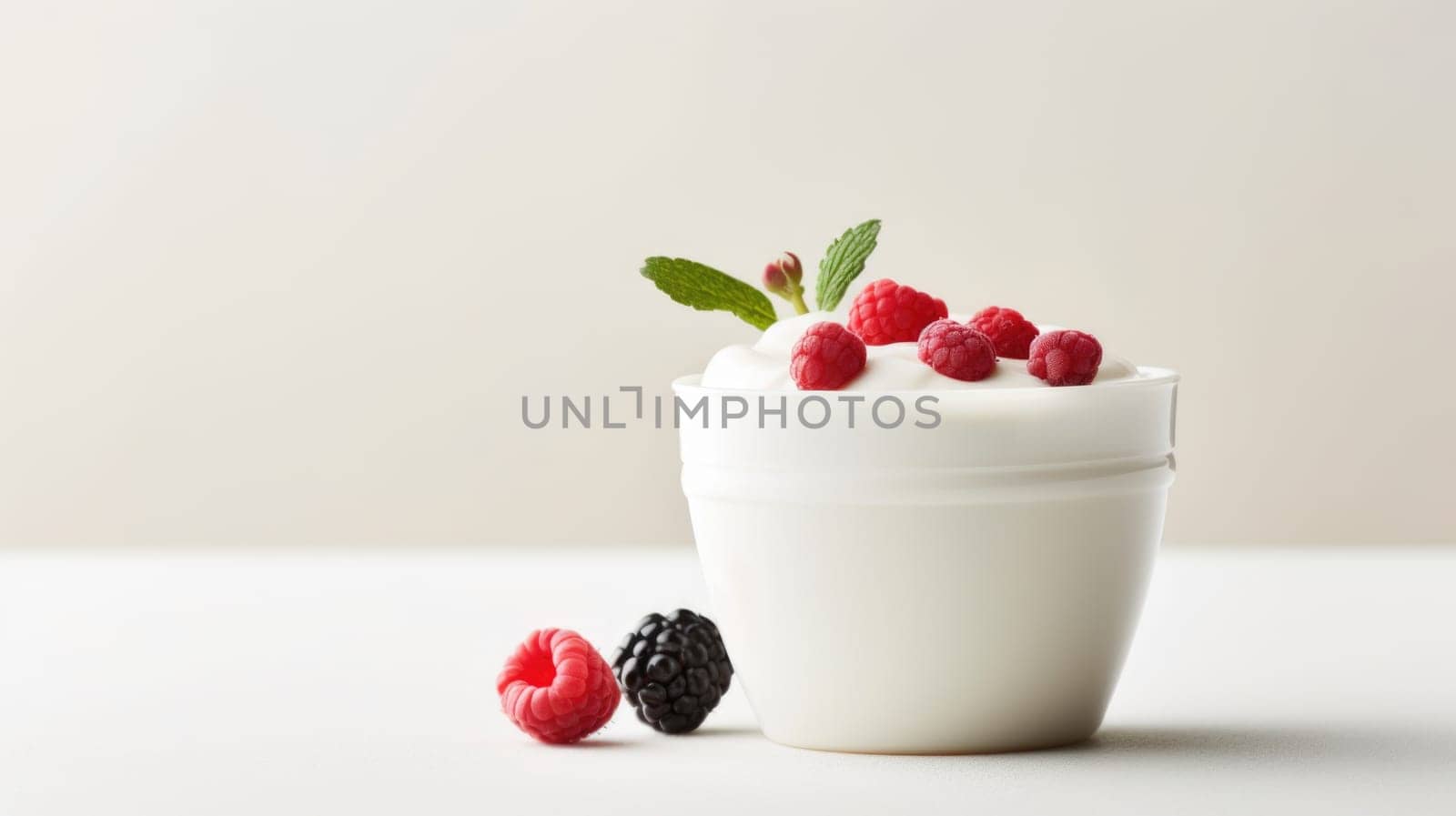A cup of yogurt with berries and mint leaves