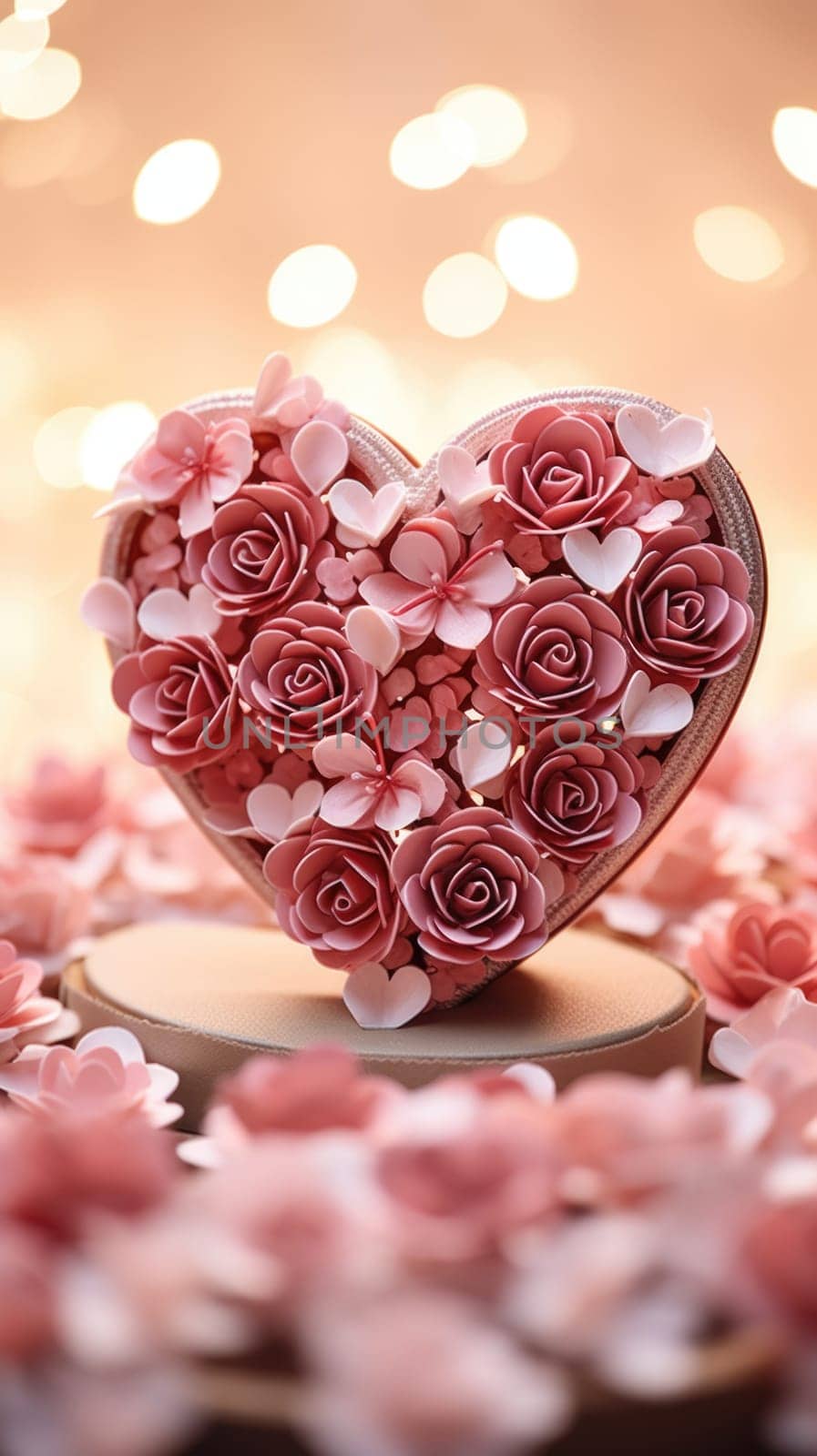 A heart shaped valentine's day sweets box with pink roses on top, AI by starush