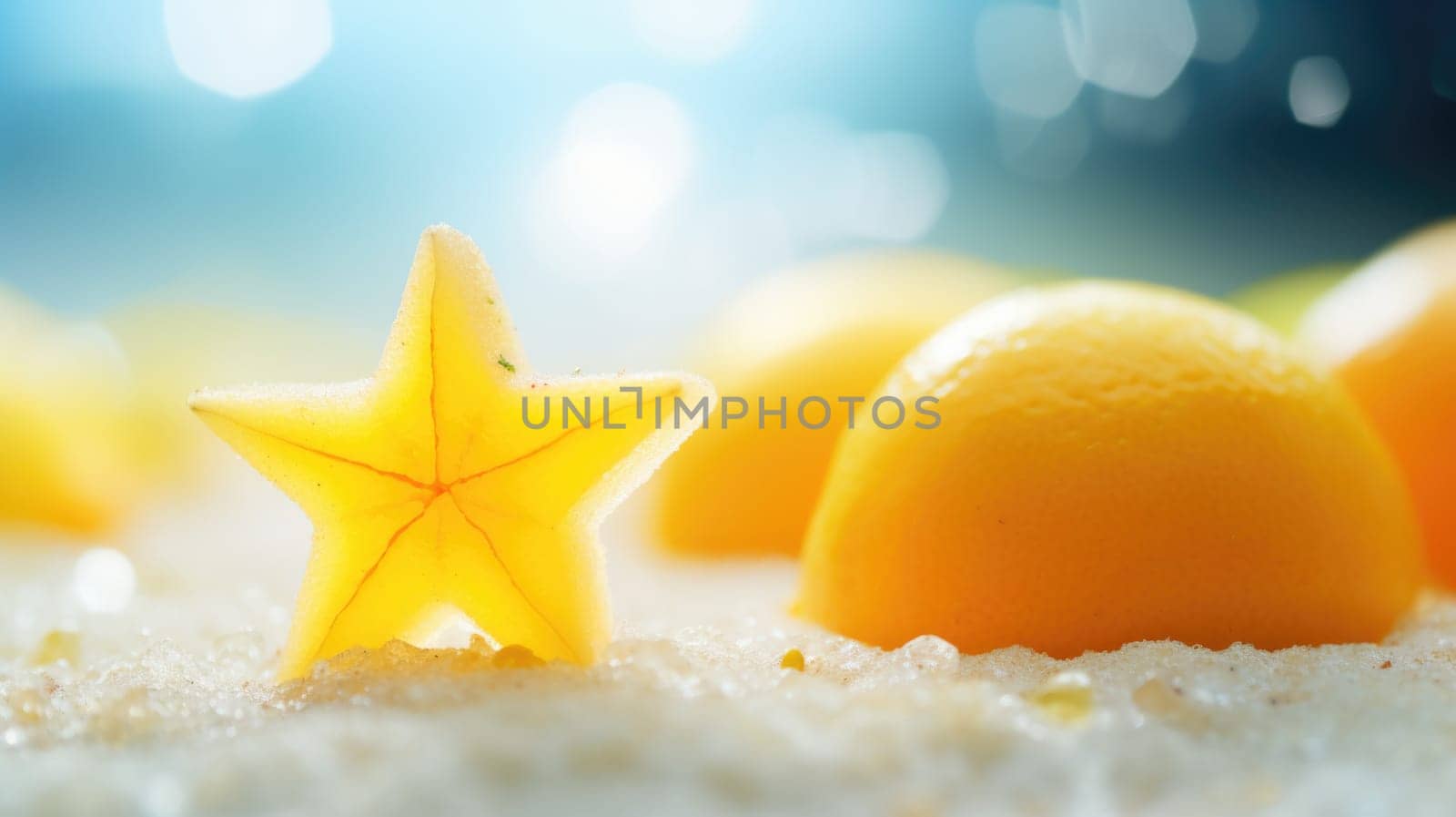 A starfish is sitting on top of some oranges