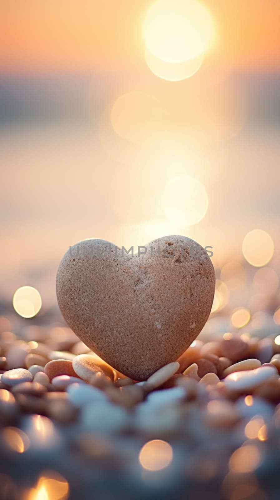 A heart shaped stone is placed on the beach at sunset