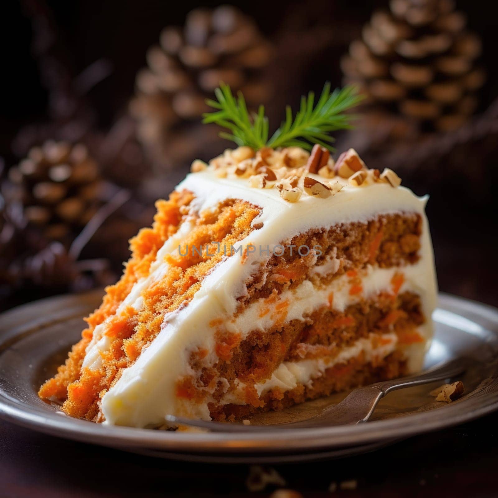 A slice of carrot cake with cream cheese frosting and pine cones, AI by starush