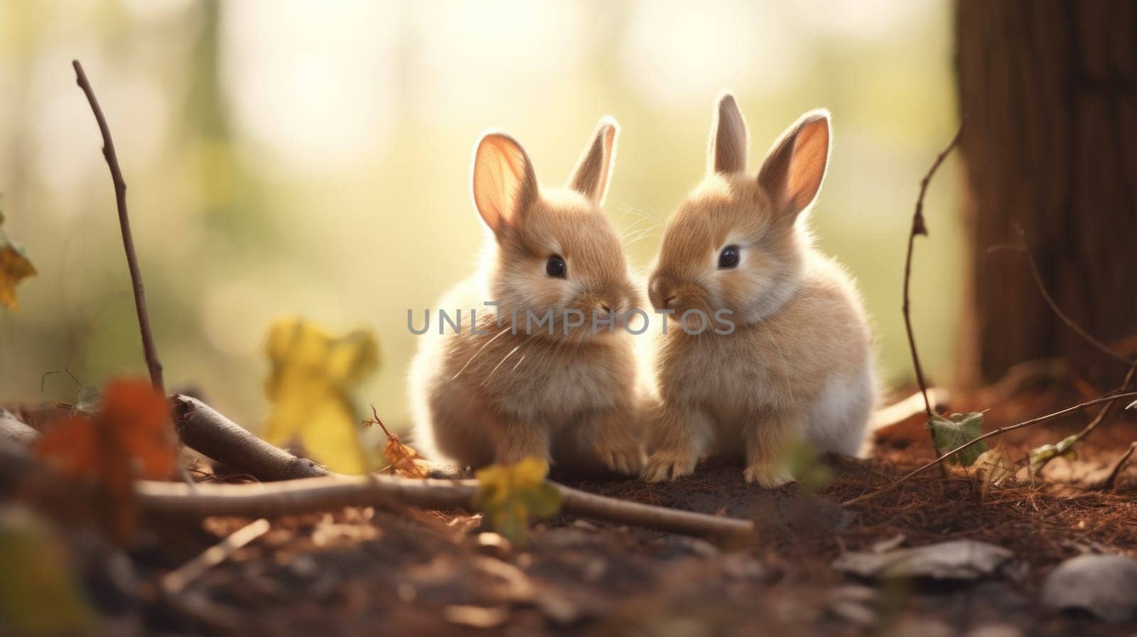 Two small rabbits sitting in the woods